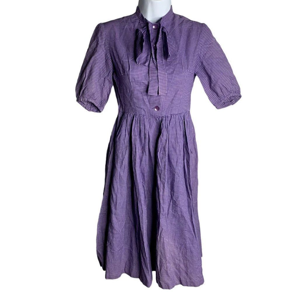 Vintage 60s Midi Swing Shirt Dress XS Purple Check Short Sleeves Neck Tie